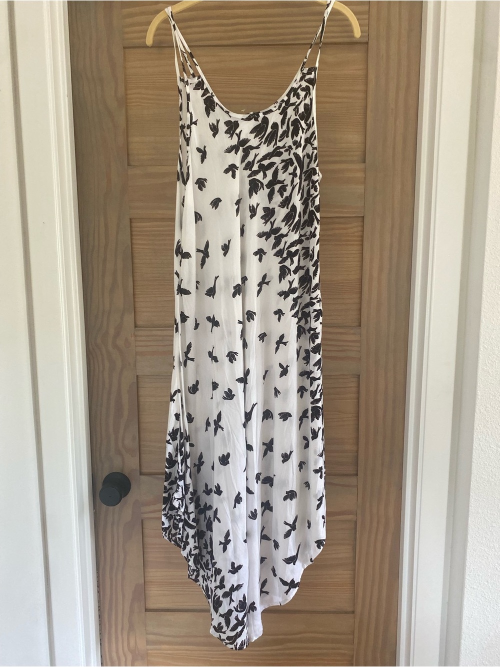 White & Black Bird-Print Asymmetrical Slip Dress